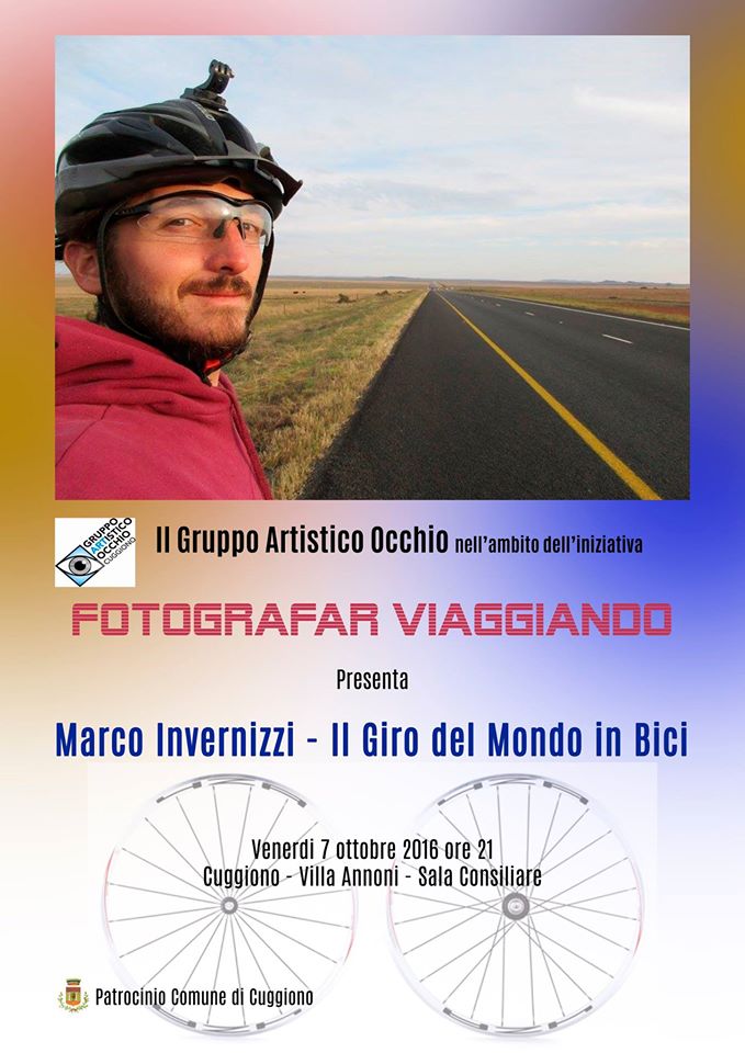 anno 2016 FOTOGRAFAR VIAGGIANDO – Il Giro del Mondo in bicicletta di Marco Invernizzi presso la Sala Consigliare di Villa Annoni di Cuggiono. 7 Ottobre 2016.
